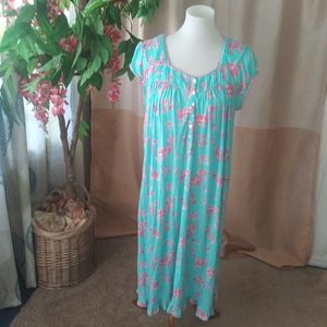 Eileen West Size S Aqua Pink floral knit nightgown